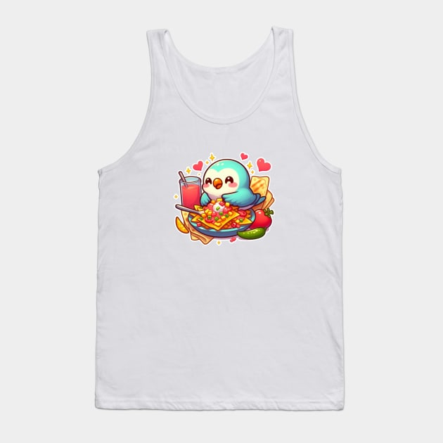 cute love birds are eating Mexican specialties, Tacos, Burritos, Enchiladas, Quesadillas, Guacamole, Fajitas, Chiles Rellenos, Tamales, Mole, Chilaquiles, Tank Top by art poo